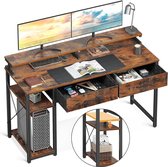 Bureau avec 2 tiroirs, table d'ordinateur avec étagères et support pour écran, table de bureau avec bibliothèque, table d'ordinateur, petite table PC, table de bureau pour bureau à domicile, 120 x 50 x 87 cm, marron rustique