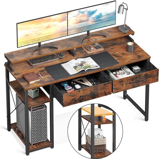 Bureau met 2 laden, computertafel met planken en monitorstandaard, bureautafel met boekenkast, computertafel, kleine pc-tafel, office-tafel voor thuiskantoor, 120 x 50 x 87 cm, rustiek bruin