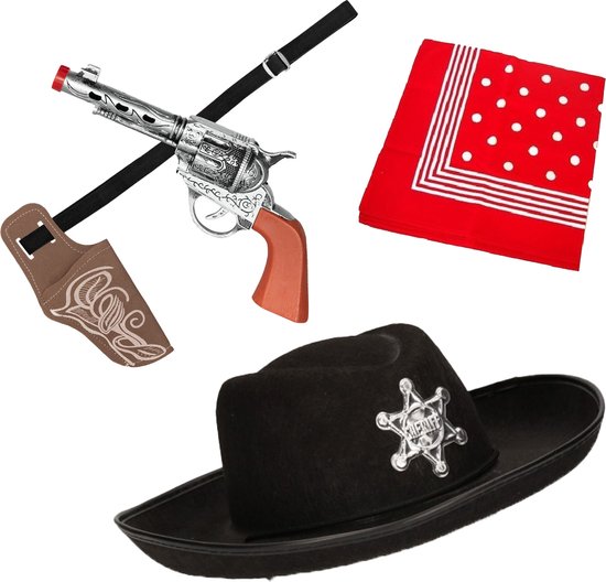 Carnaval Verkleed set - Cowboy hoed zwart/zakdoek rood/holster met revolver - voor kinderen