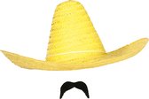 Carnaval verkleed setje - Mexicaanse Sombrero hoed van 59 cm met plak nepsnor - geel - heren
