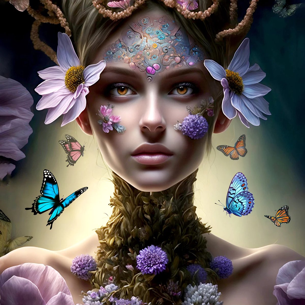MOTHER NATURE: 75x100cm Aluminium Decoratie - Kunst - Vrouw - Vlinders - Bloemen - Woninginrichting