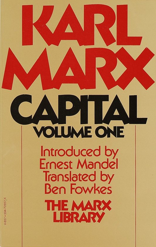 Couverture du livre Karl Marx Capital Volume One. Texte en rouge et noir sur fond jaune pâle.