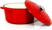 Stoofpan van gietijzer met emaille coating, gietijzeren pan, braadpan met deksel, broodbakpan, rond, geschikt voor oven, barbecue, barbecue en inductie, rood, 3,5 l
