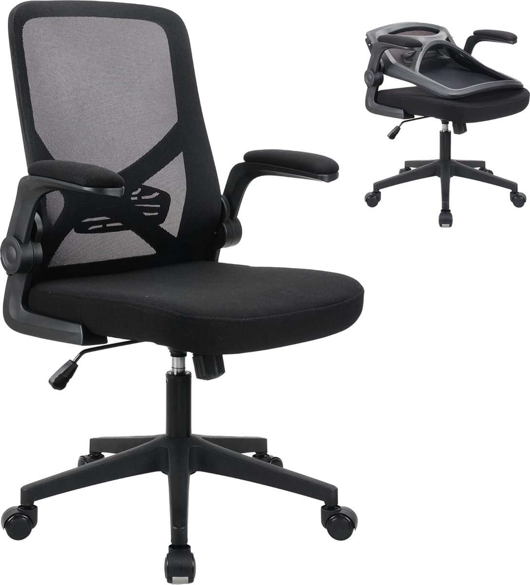 Ergonomische bureaustoel, draaibare stoel met verstelbare lendensteun, hoofdsteun en armleuning, hoogteverstelling en rockerfunctie, rugvriendelijke bureaustoel (zwart)