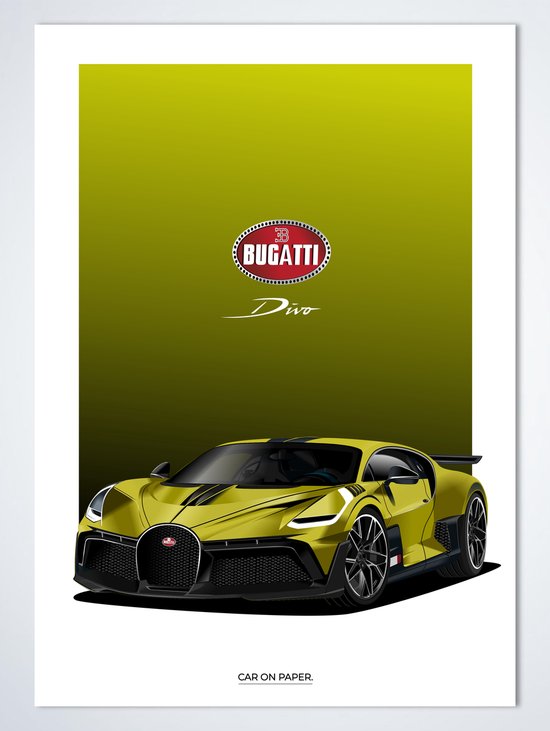 Bugatti Divo Geel op Poster - 50 x 70cm - Auto Poster Kinderkamer / Slaapkamer / Kantoor