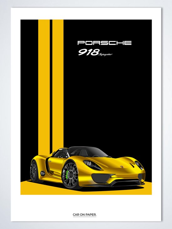 Porsche 918 Spyder Jaune sur Poster - 50 x 70 cm - Poster Voiture Chambre d'Enfant / Chambre / Bureau
