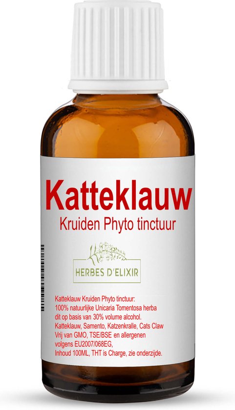Bruine fles met witte dop. Label met rode tekst: "Katteklauw Kruiden Phyto tinctuur". Inhoud 100ML.