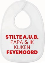 Slabbetje met tekst - Stilte AUB papa en ik kijken Feyenoord - Wit/rood | 100% katoen - Incl. hoogwaardige Klittenband sluiting - Kraamcadeau - Babyshower - Slabber