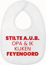 Slabbetje met tekst - Stilte AUB opa en ik kijken Feyenoord - Wit/rood | 100% katoen - Incl. hoogwaardige Klittenband sluiting - Kraamcadeau - Babyshower - Slabber