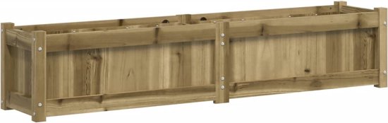 Jardinière en bois brun clair de 150 cm de long, composée de deux parties.