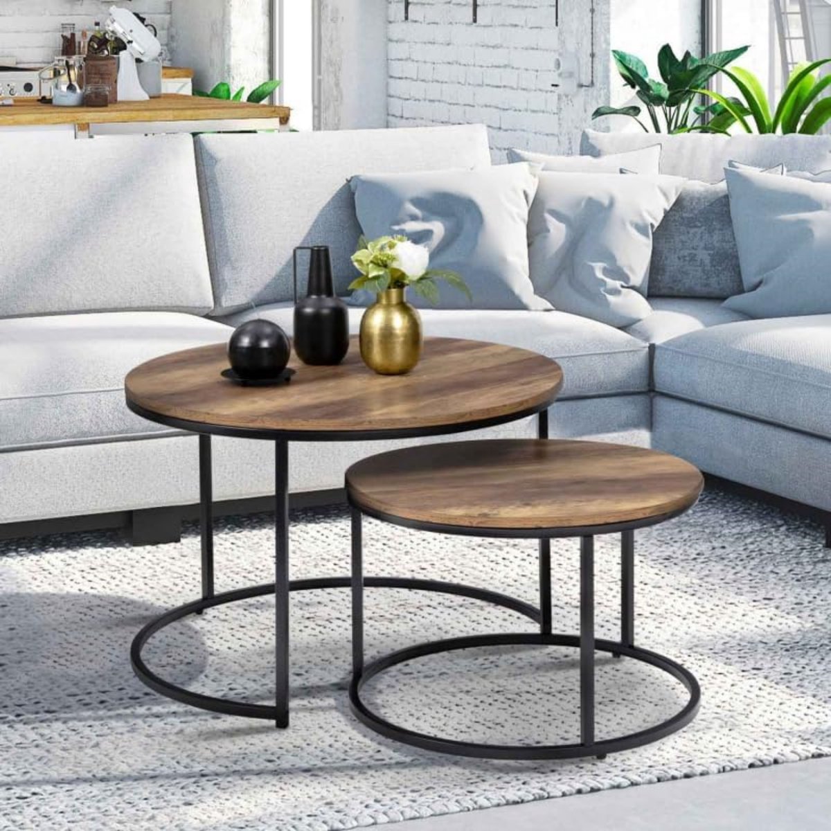 Set van 2 ronde Dayton salontafels, 54/70, antiek effect, industrieel ...