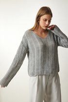 Happiness Istanbul manches Standard Basis gris déchiré détaillé Faux cuir surdimensionné pull tricoté pour les femmes Kİ00105