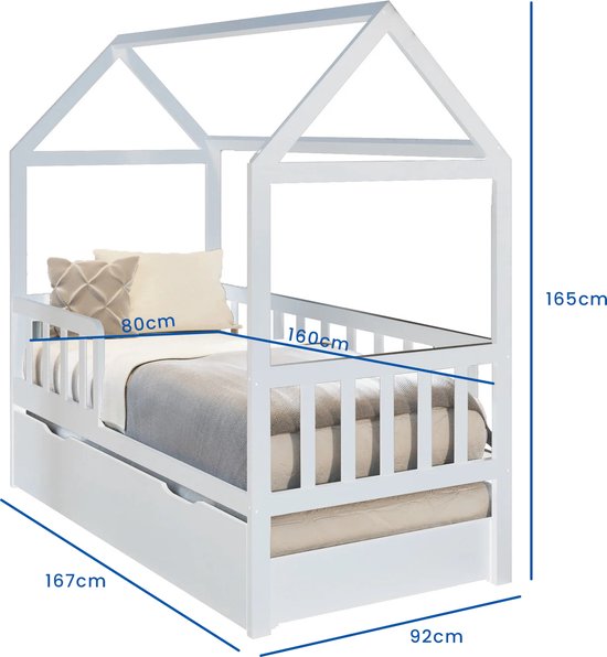 KOBI Kinderbed LUK wit | met lade-opslag | 140 x 70 cm | jongensbed klein meisjesbed voor kinderen | met matras en frame | de babykamer | eenpersoonsbed met barrière Balustrade