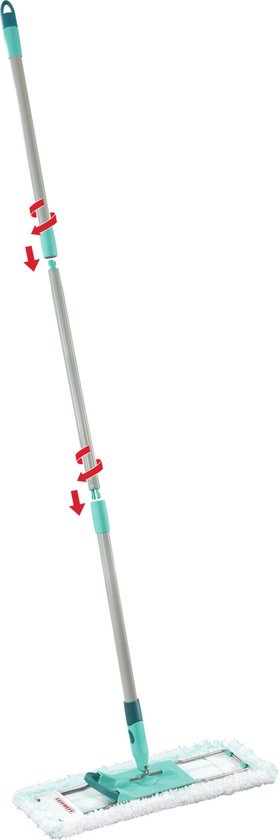 Manche de serpillière argenté avec accents turquoise et flèches rouges indiquant la fonction de clic.