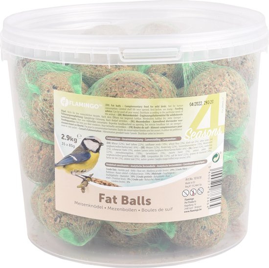 Vogelvoer – Flamingo Four Seasons Mezenbollen met net – emmer 35 stuks – 2.9 kg – rijk aan zaden & vetten – voor buitenvogels