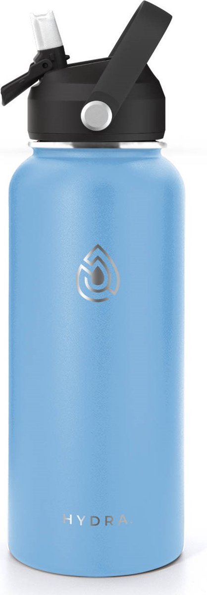 Drinkfles Roestvrij Staal 1000ml - Lucid Ocean - 1L RVS Waterfles Licht Blauw - Outdoor - Verpakking inclusief dop met rietje, draaidop, schoonmaakborstel - min. 24u warm - 24u koud - Hydra.