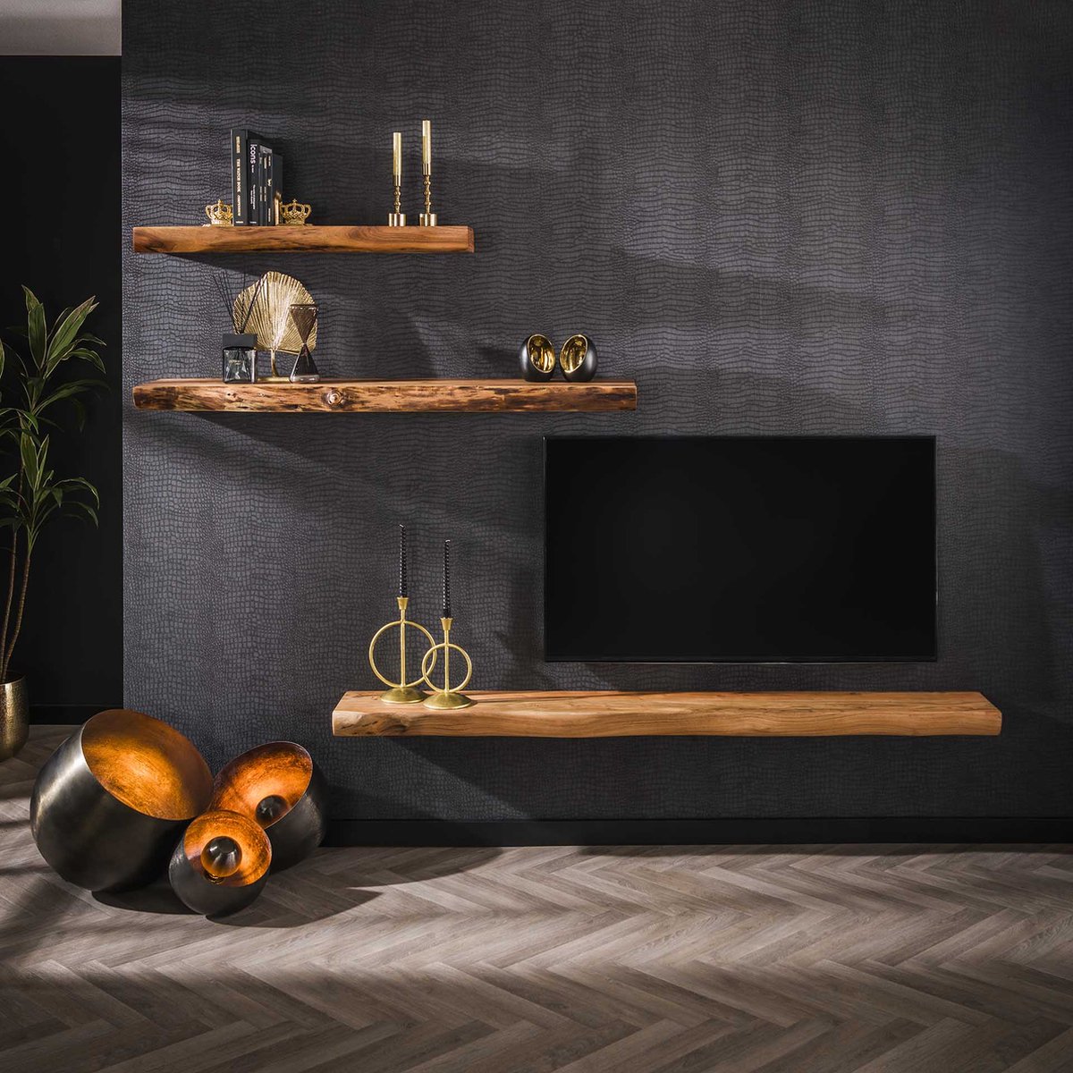 Giga Meubel Wandplank Tree - Naturel Acaciahout - 100x25x8cm