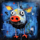 JJ-Art (Canvas) 100x100 | Grappig varken in abstract geschilderde stijl, kunst, felle kleuren, kleurrijk | dier, big, blauw, geel, rood, zwart, vierkant, modern | Foto-Schilderij canvas print (wanddecoratie)