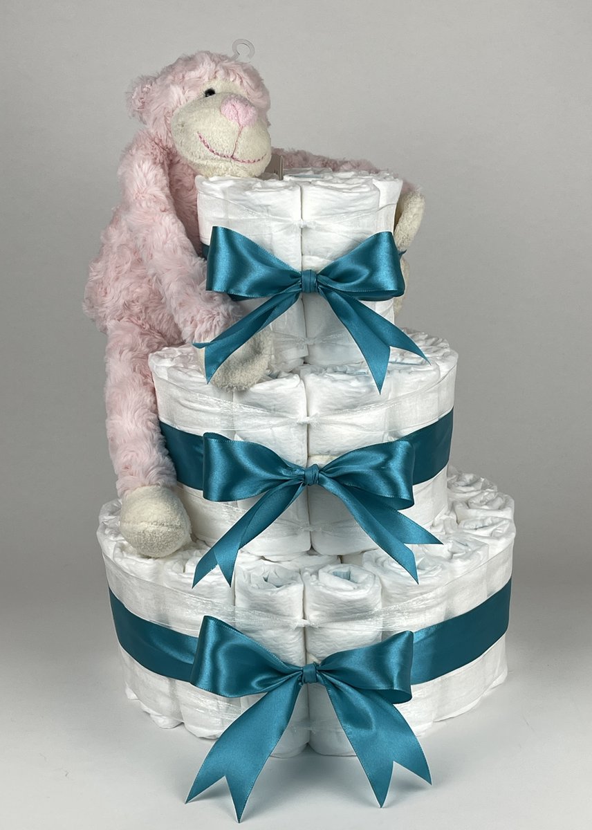 Goedkoopste Chouette-Chouette | Luiertaart Meisje | Kraamcadeau | Geboorte Meisje | Babyshower | Aap Roze - Petrol
