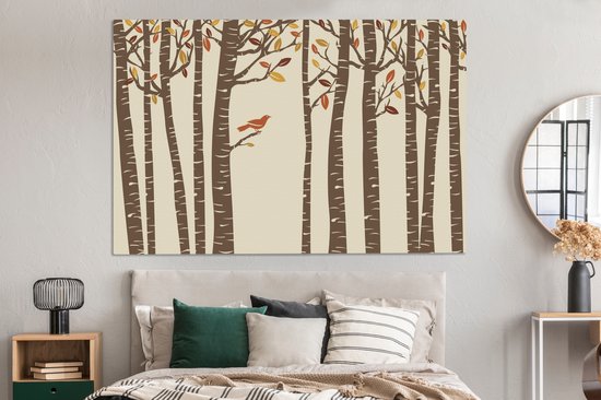 Canvas schilderij 150x100 cm - Wanddecoratie Herfst - Vogel - Illustratie - Muurdecoratie woonkamer - Slaapkamer decoratie - Kamer accessoires - Schilderijen