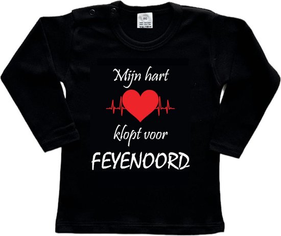 Rotterdam Kinder t-shirt Lange Mouw | Feyenoord "Mijn hart klopt voor FEYENOORD" | Verjaardagkado | verjaardag kado | grappig | jarig | Rotterdam | Feyenoord | cadeau | Cadeau | Zwart/wit/rood/wit | Maat 74