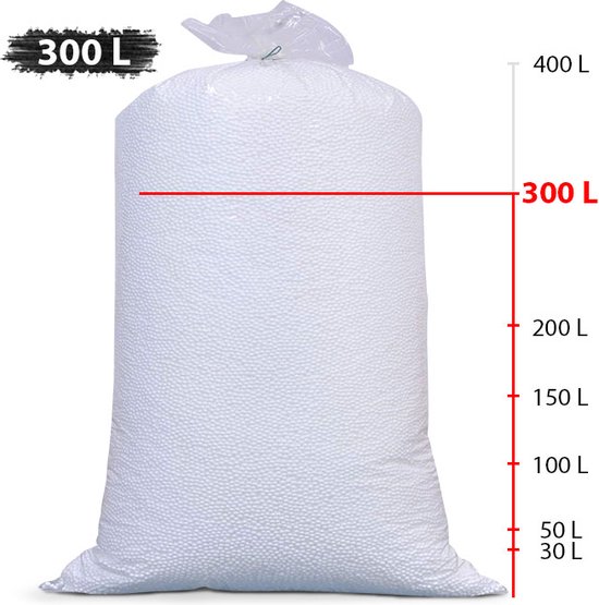 300L zak met witte EPS parels, met maataanduiding van 30L tot 400L.