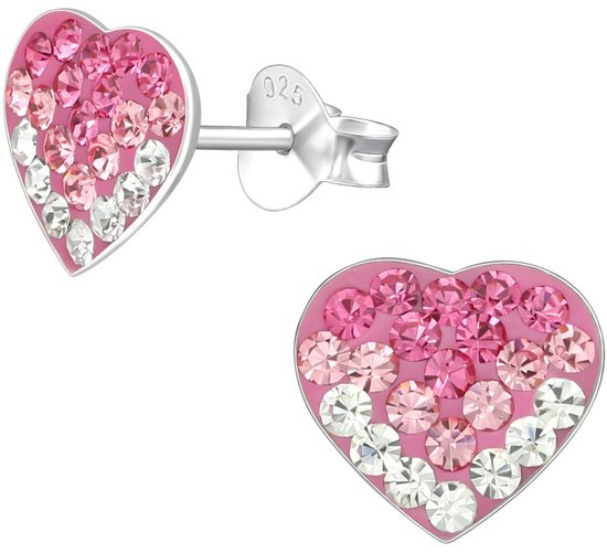 Joy|S - Zilveren hartje oorbellen - 9 mm - roze wit kristal - oorknoppen