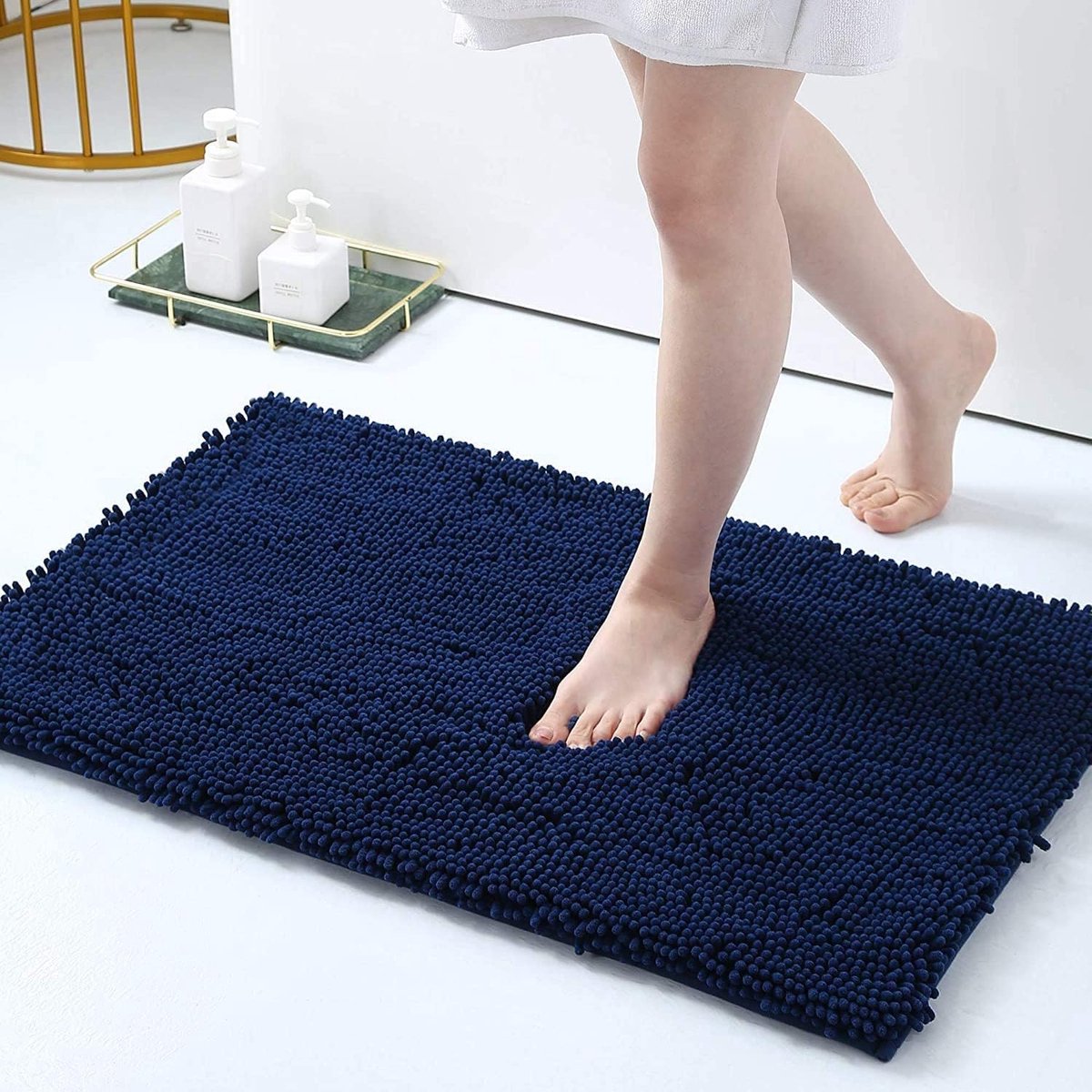 Chenille antislip badmat, microvezel, badmat, absorberend, hoogpolig, 40 x 60 cm, marineblauw