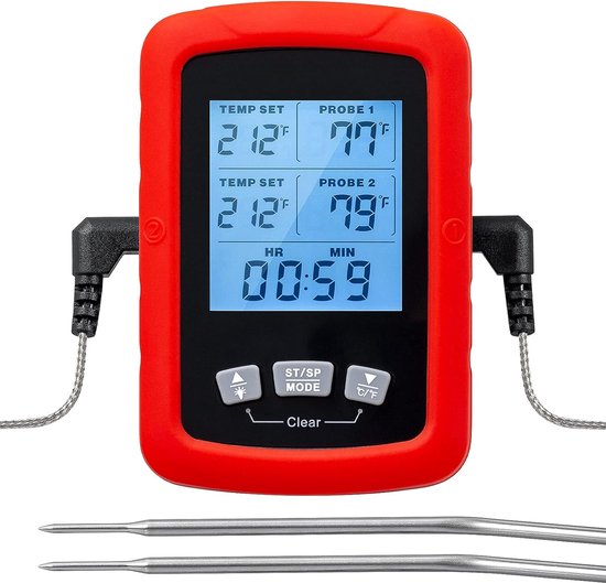 Vleesthermometer met LCD Display en 2 Stuks Lange Meetsonde - Thermometer Geschikt voor BBQ , Oven , Vlees , Vis - BBQ Thermometer