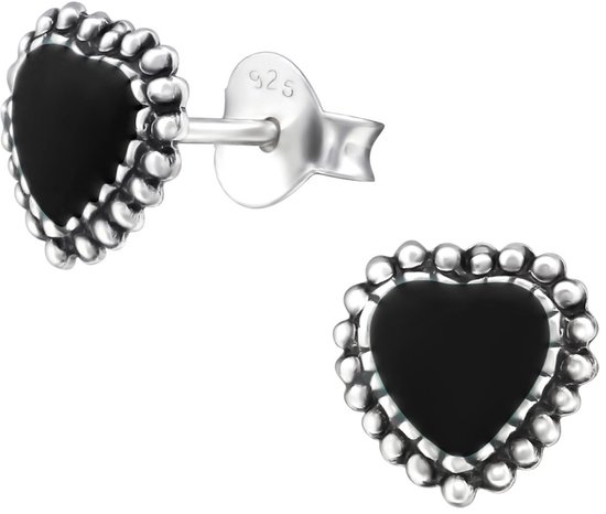 Joy|S - Zilveren hartje oorbellen - 7 mm zwart classic - geoxideerd