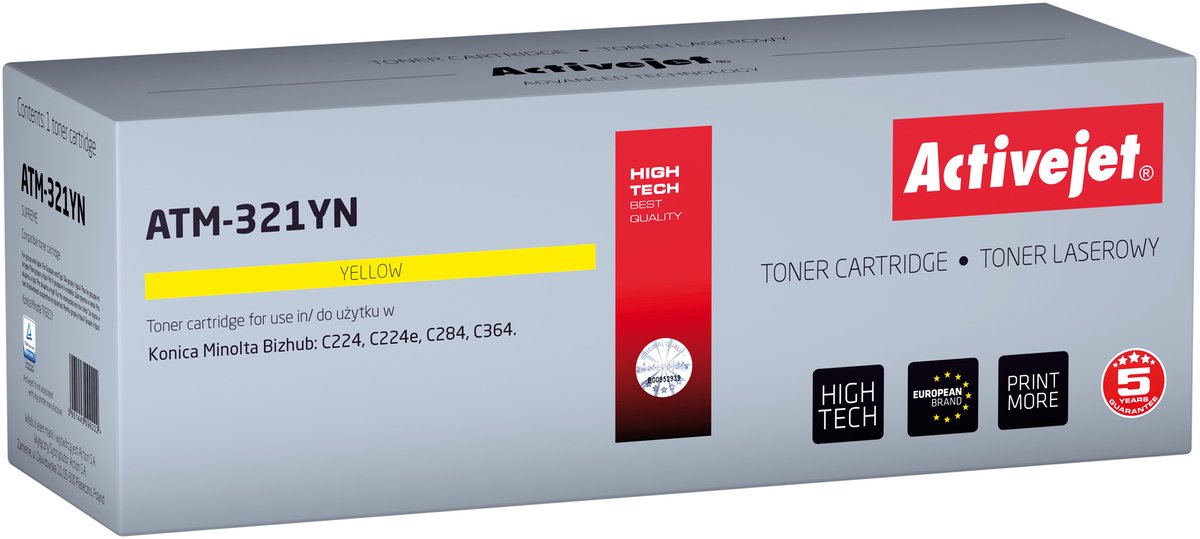 ActiveJet ATM-321YN Toner voor Konica Minolta-printer; Konica Minolta TN321Y vervanging; Opperste; 25000 pagina's; geel. Zwart