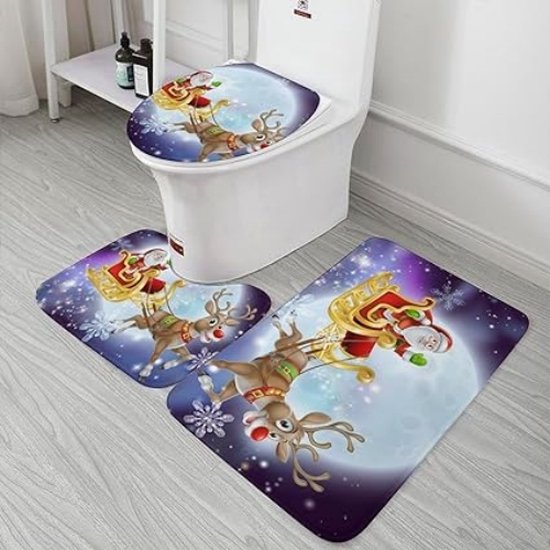 Badkamerset, 3-Delige Badmat Toiletmat, Kerstmis, Winter, Sneeuwpop, Kerstboom, Kerstman, Slee, Toiletzitting Mat 3-Delig Afwasbaar, Badkamerkleed Set-（G）