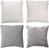 Dutch Decor - Set de 4 coussins décoratifs - Essentials - blanc - gris clair - 45x45 cm - avec coussins intérieurs - velours