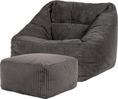 icon “Natalia” Corduroy Zitzakfauteuil en Hocker - Houtskool - XXL Zitzakstoel - Zitzak Volwassenen met Vulling - Woonkamerzitzakken