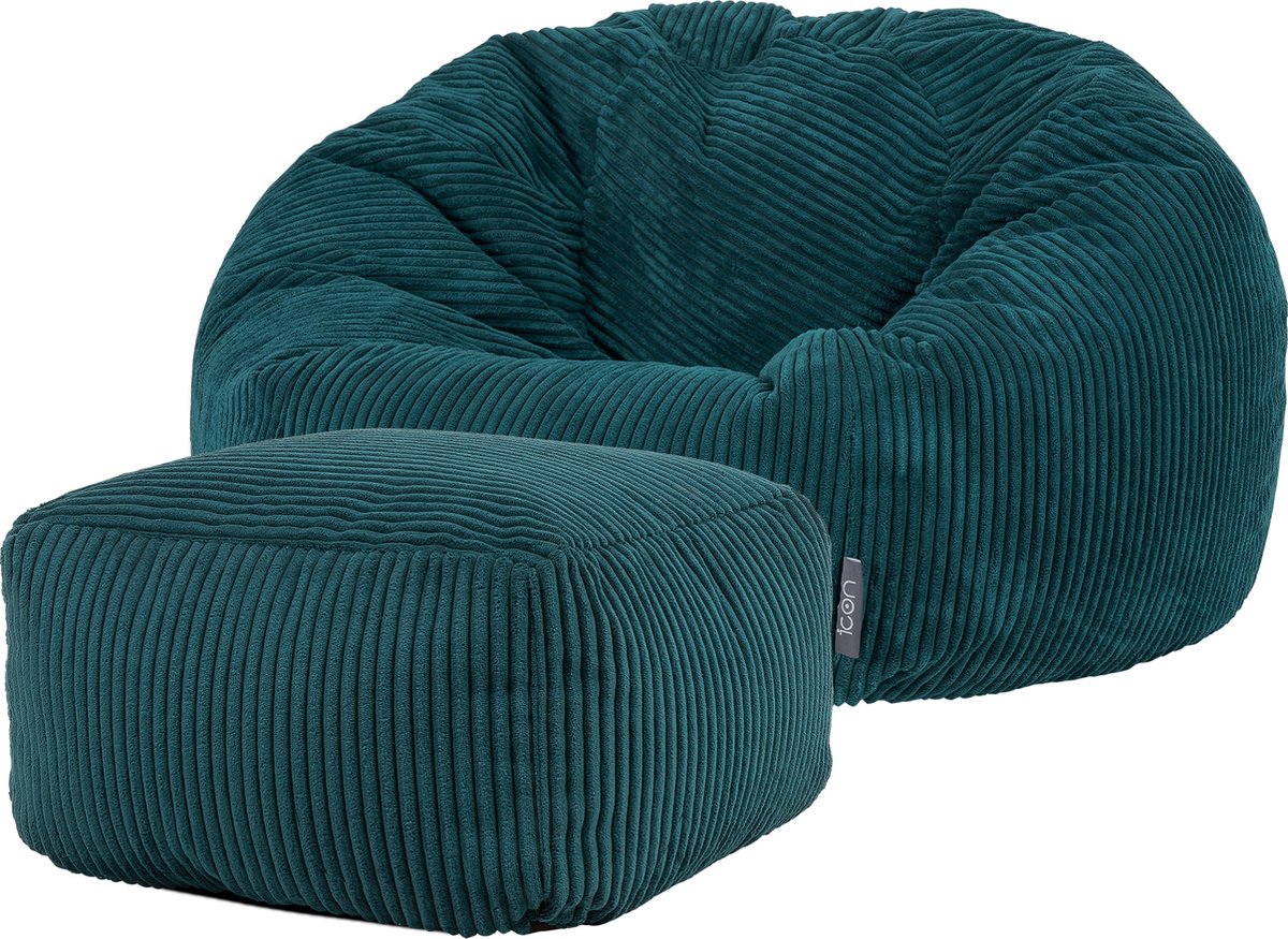 Icon Kingston Zitzak Fauteuil met Poef - Ribfluweel - Blauwgroen