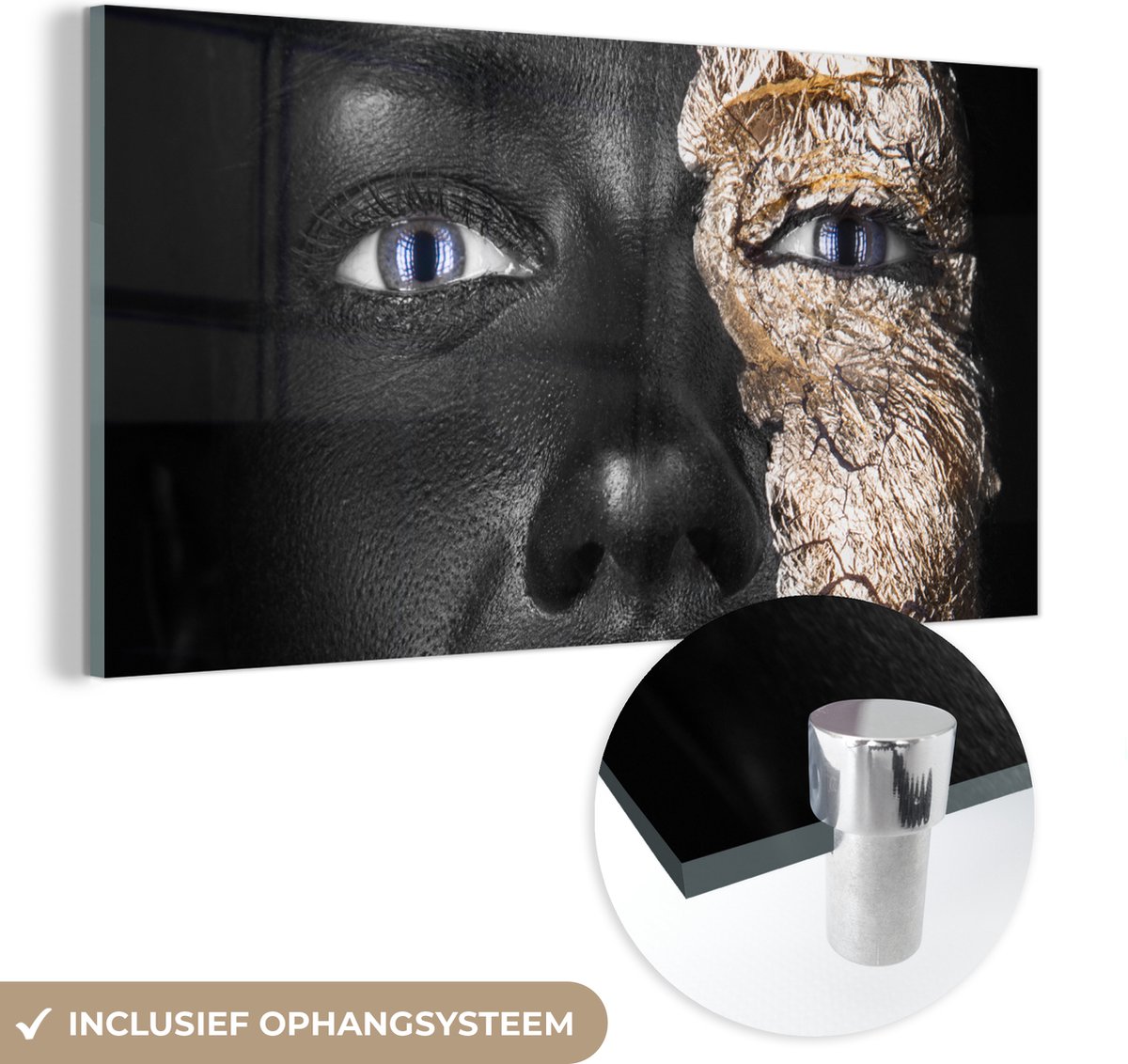glasschilderij-vrouw-goud-zwart-portret-luxe-schilderij-glas