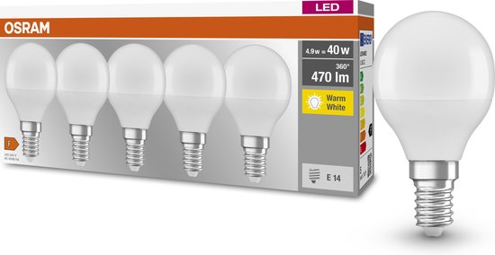 OSRAM LED lamp - Peertje - E14 - mat - 4,9W - 470 lumen - warm wit - niet dimbaar - 5 stuks