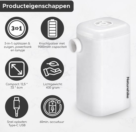 Naturehike® Automatische opblaaspomp - 9000mAh Powerbank - 3-in-1 Luchtbedpomp - Lichtgewicht & Compact - Luchtpomp - Camperen, Outdoor, Zwemmen van Naturehike — afbeelding 3