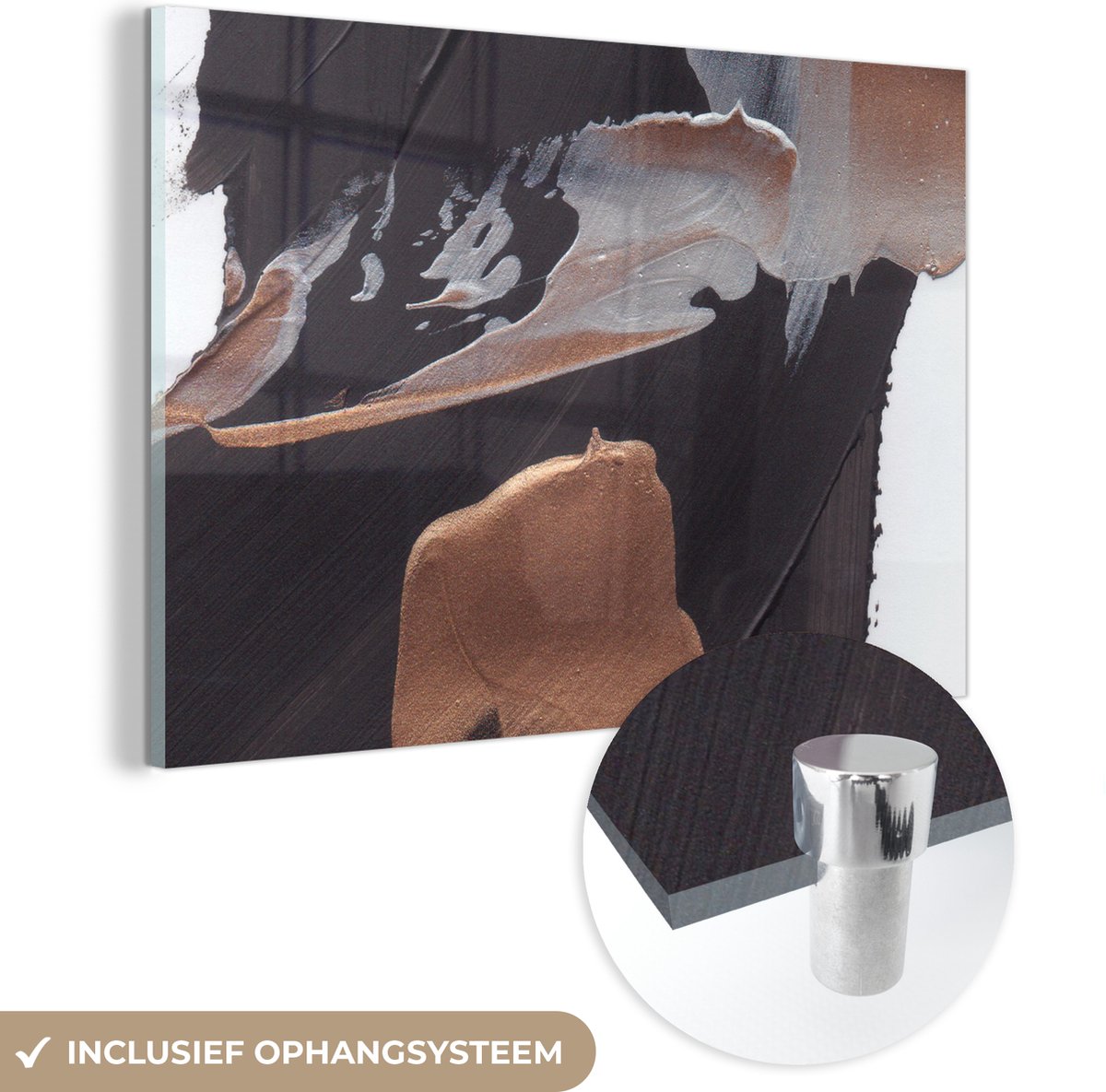 MuchoWow® Glasschilderij 90x60 cm - Schilderij acrylglas - Abstract - Verf - Goud - Foto op glas - Schilderijen