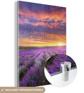 MuchoWow® Glasschilderij 120x160 cm - Schilderij acrylglas - Lavendel - Wolken - Lente - Foto op glas - Schilderijen