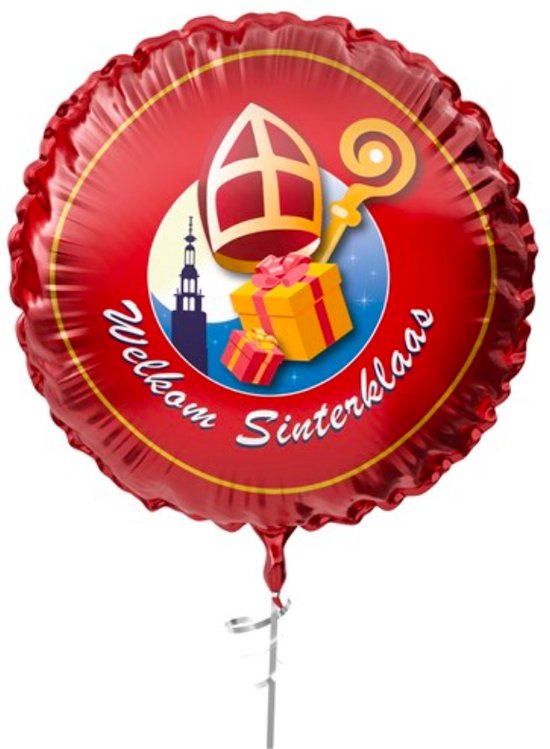 Rode ballon met 'Welkom Sinterklaas' tekst, een mijter, staf en cadeaus. Goudkleurige rand.