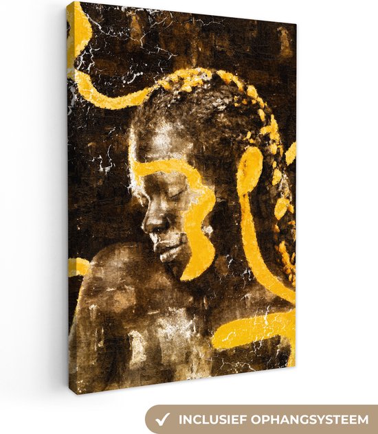 Canvas Schilderij Vrouw - Zwart - Goud - 20x30 cm - Wanddecoratie