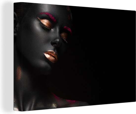 Femme au maquillage or rose sur fond noir 140x90 cm - Tirage photo sur toile (Décoration murale salon / chambre)