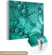 MuchoWow® Glasschilderij 90x90 cm - Schilderij acrylglas - Druppels op een turquoise achtergrond - Foto op glas - Schilderijen