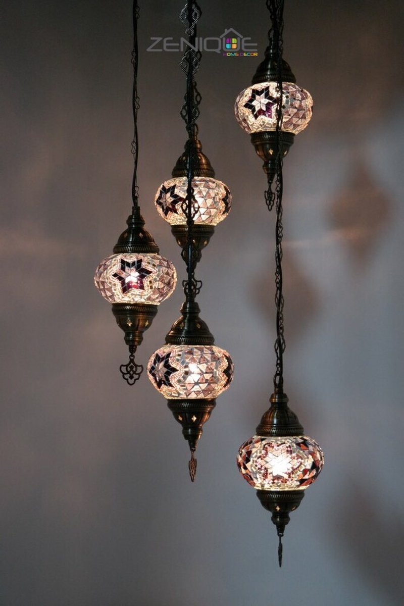 Turkse Lamp - Hanglamp - Mozaïek Lamp - Marokkaanse Lamp - Oosters Lamp - ZENIQUE - Authentiek - Handgemaakt - Kroonluchter - Paars - 5 bollen