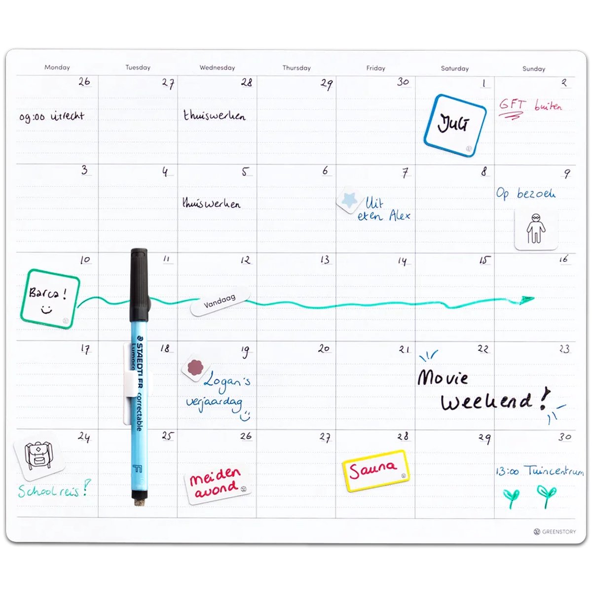 GreenStory - Maandplanner Whiteboard - Sticky Whiteboard - Groot - met Sticky Pen op Prijzenvolger.com