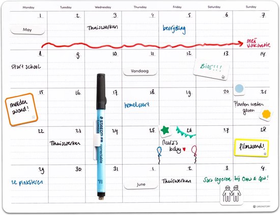 GreenStory - Sticky Whiteboard - Bureau onderlegger Maandplanner - Medium - met Sticky Pen
