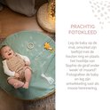 Baby op groen fotokleed met cijfers en Sophie de giraf, voor het vastleggen van groei.