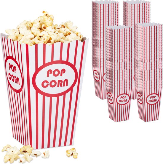 Relaxdays popcorn bakjes 100 stuks - popcorn zakjes rood wit - herbruikbare popcorn bekers