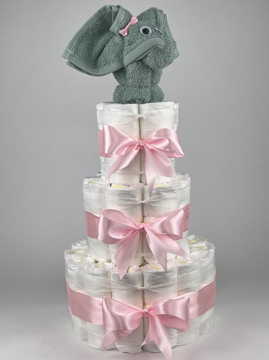 Chouette-Chouette | Luiertaart Meisje | Kraamcadeau | Geboorte Meisje | Babyshower | Olifant Stone groen - Roze